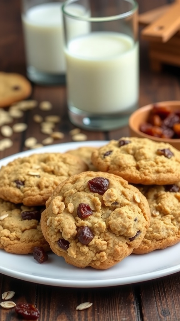 A plate of soft and chewy oatmeal raisin cookies with raisins on a rustic kitchen table.